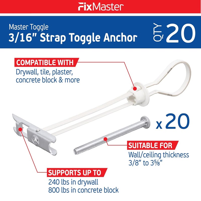 FixMaster 3/16" Heavy Duty Master Toggle-Bolt Strap Anchors (20 Pack) w/ 20 Steel Threaded Studs - 3/16"-24 UNC Fastener Size - Great for TV mounting, 240 lb Holding Strength - Image 2